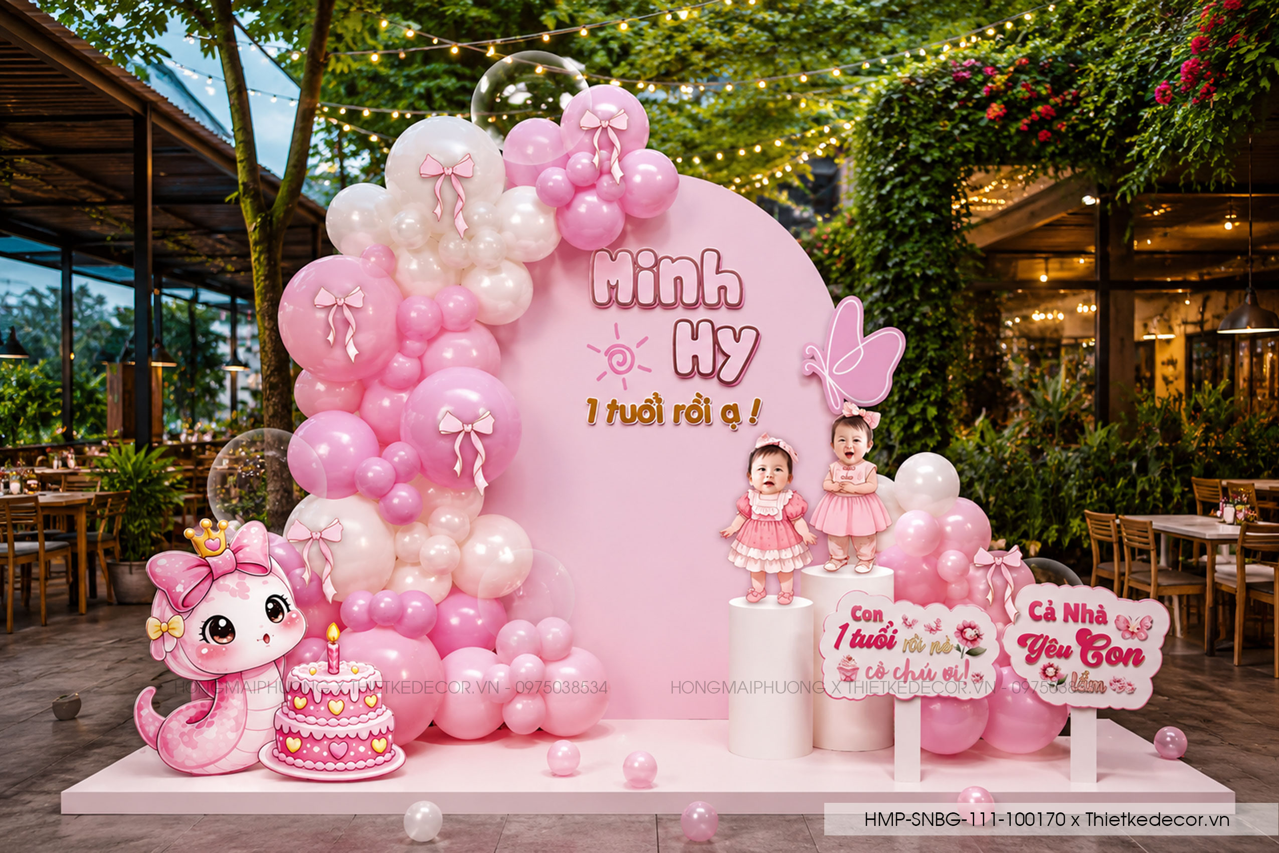 File thiết kế decor trang trí tiệc sinh nhật bé gái tuổi tỵ - rắn mix nơ, bướm,  bong bóng cute dễ thương đáng yêu tone hồng